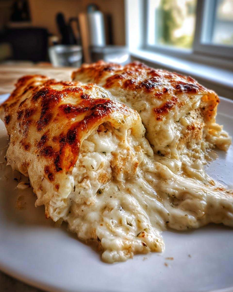 Two servings of Creamy Ricotta Spinach Chicken Cannelloni covered in melted, browned cheese sauce.