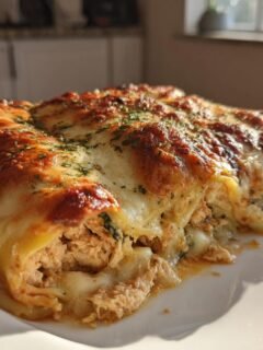 A serving of baked Creamy Ricotta Spinach Chicken Cannelloni with a golden, bubbly cheese topping.