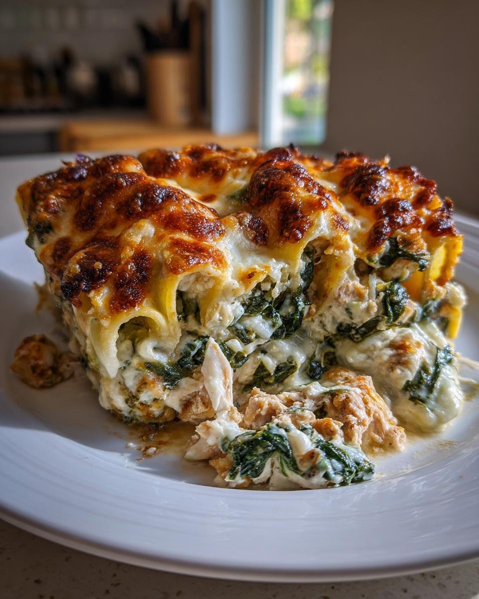 A close-up of a portion of baked Creamy Ricotta Spinach Chicken Cannelloni with a golden, bubbly cheese topping.