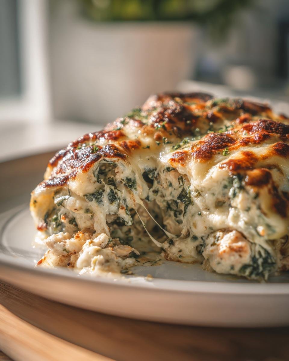 A close-up of a serving of Creamy Ricotta Spinach Chicken Cannelloni with melted, browned cheese.
