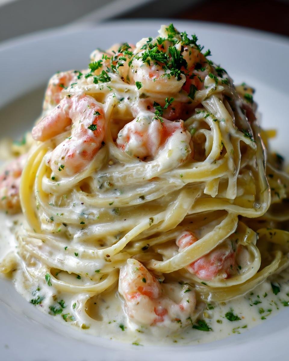 A close-up, appetizing shot of Creamy Shrimp Fettuccine pasta tossed in a rich white sauce and topped with fresh parsley.