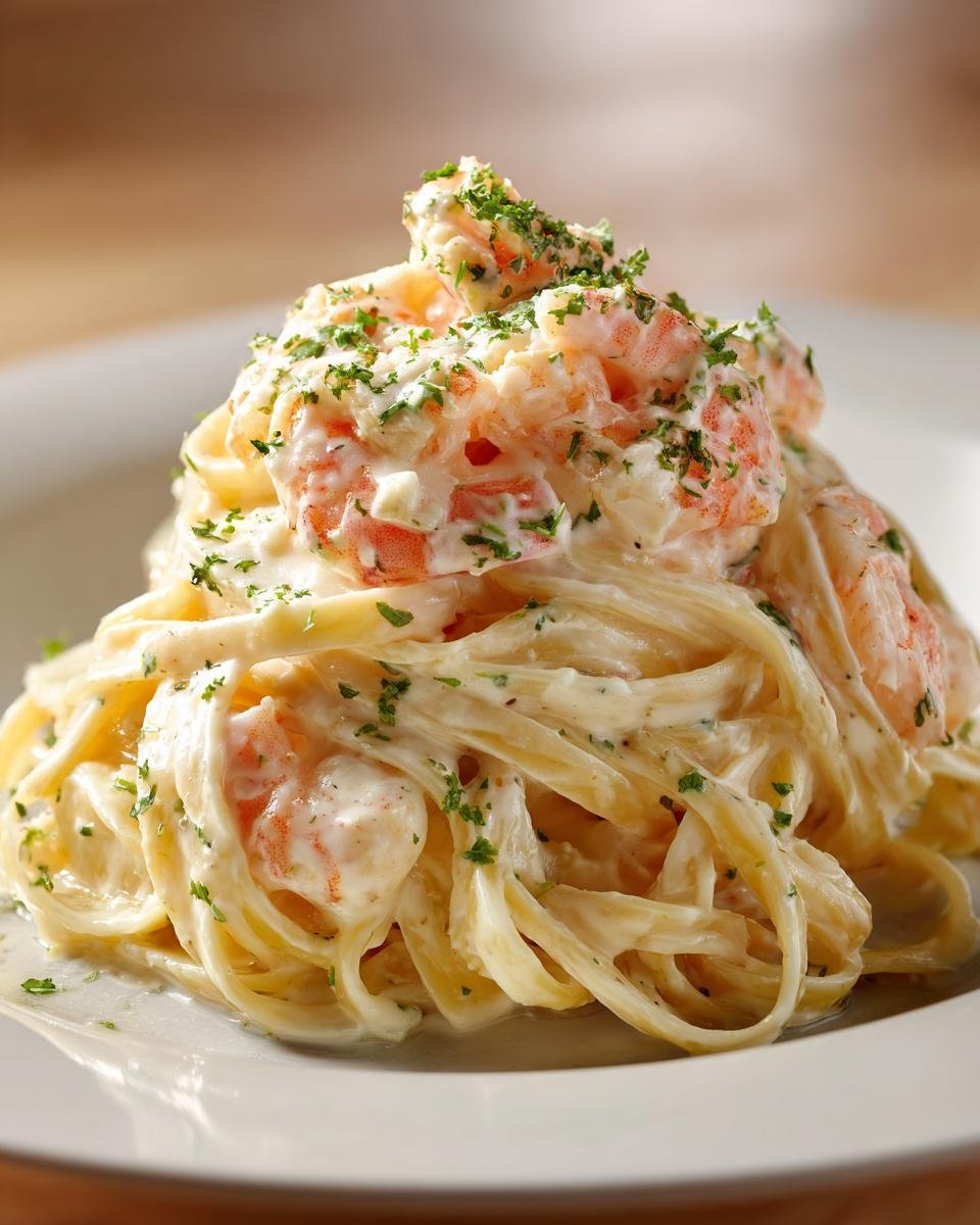 A close-up of a serving of Creamy Shrimp Fettuccine pasta, topped with shrimp and fresh parsley.