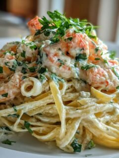 A close-up of a generous serving of Creamy Shrimp Fettuccine topped with fresh parsley.