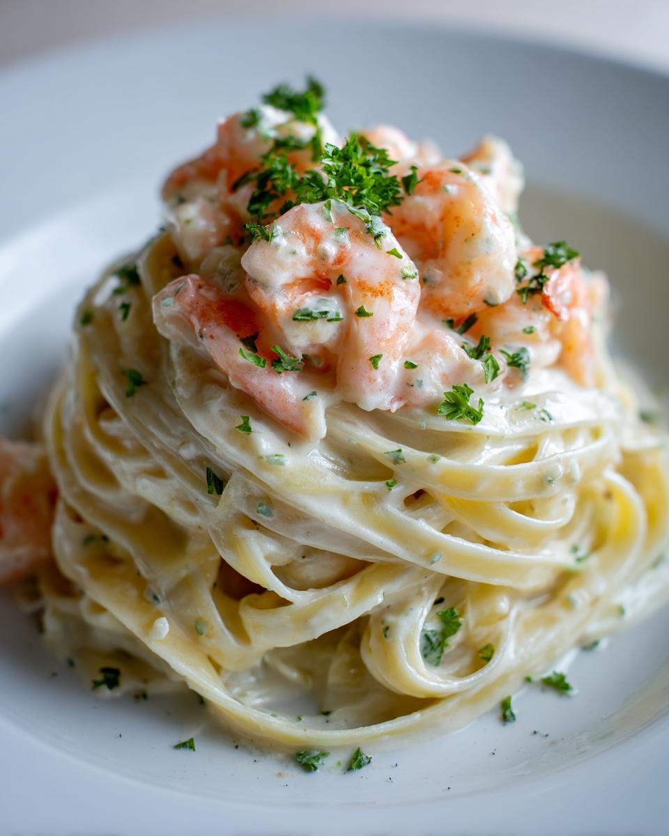 Close-up of a perfectly twirled portion of Creamy Shrimp Fettuccine topped with pink shrimp and fresh parsley.