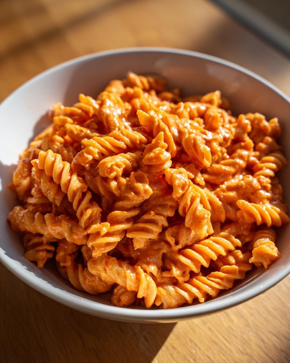 Close-up of a white bowl filled with Creamy Tomato One Pot Pasta made with fusilli noodles coated in a rich orange sauce.