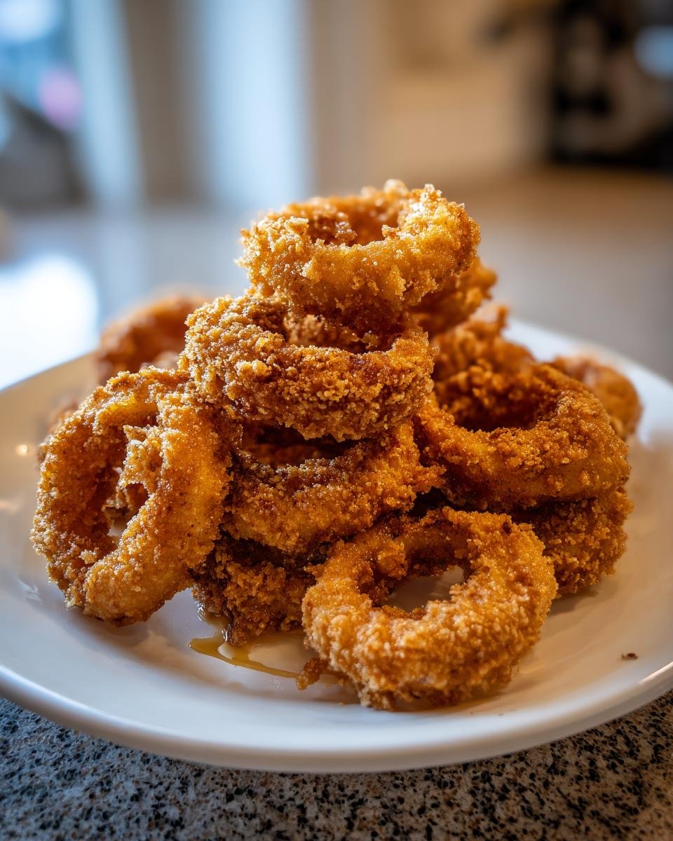 A tall stack of golden brown, crispy Onion Rings piled high on a white plate.