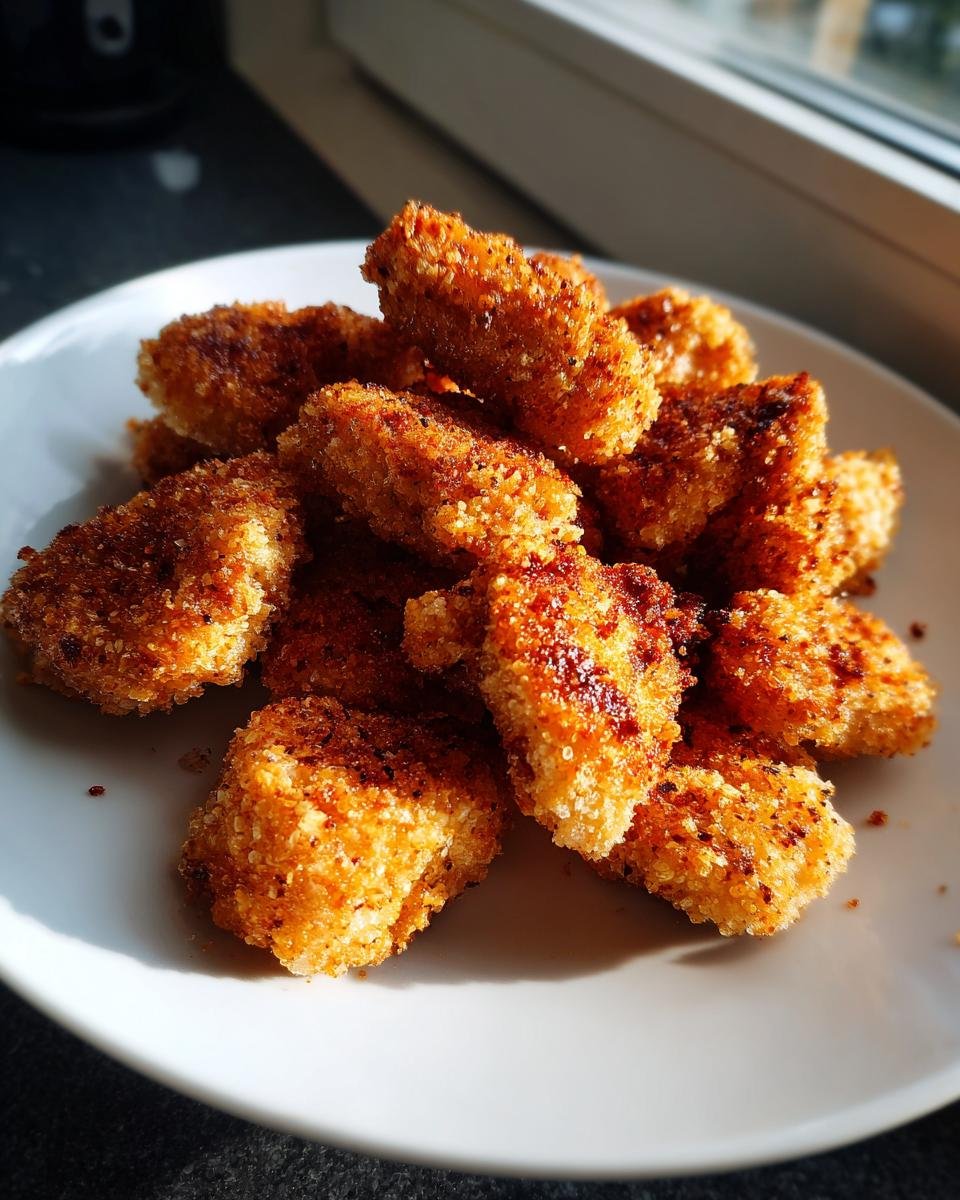 A pile of golden brown, crispy Air Fryer Chicken Nuggets stacked on a white plate, illuminated by sunlight.