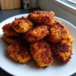 A close-up of a pile of golden brown, crispy Air Fryer Chicken Nuggets stacked on a white plate.