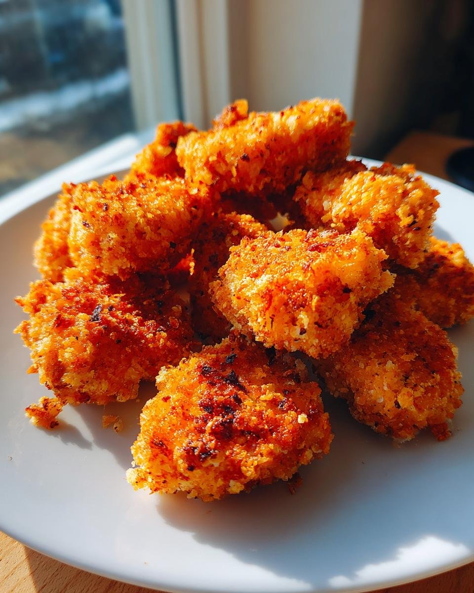 A pile of golden-brown, crispy Air Fryer Chicken Nuggets served on a white plate, highlighted by natural sunlight.
