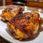Two pieces of perfectly cooked, crispy air fryer chicken thighs with deeply browned, seasoned skin.