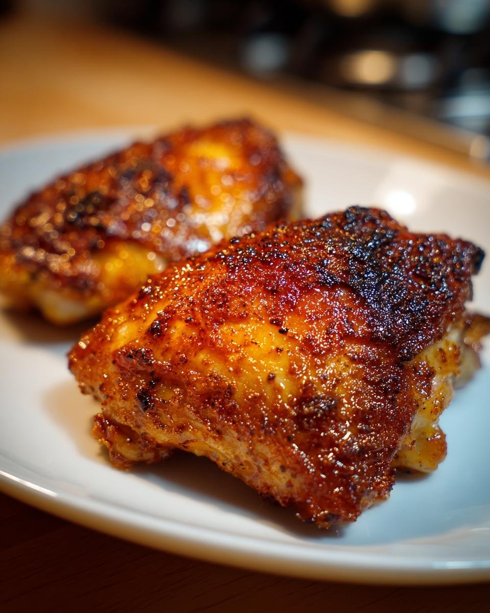 Close-up of two beautifully browned and crispy air fryer chicken thighs resting on a white plate.