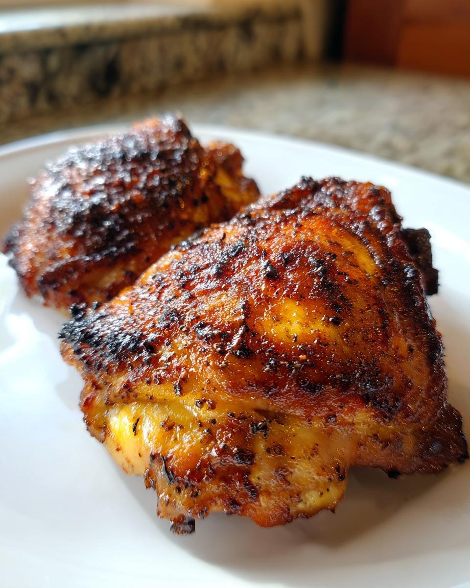 Two perfectly cooked, crispy air fryer chicken thighs with a dark, seasoned skin resting on a white plate.