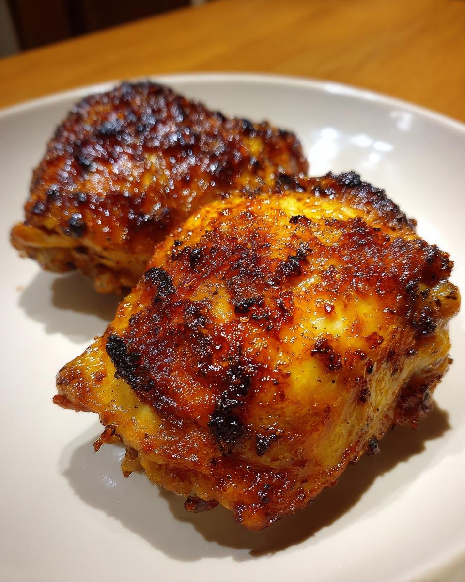 Close-up of two perfectly cooked, deeply browned, and crispy air fryer chicken thighs on a white plate.