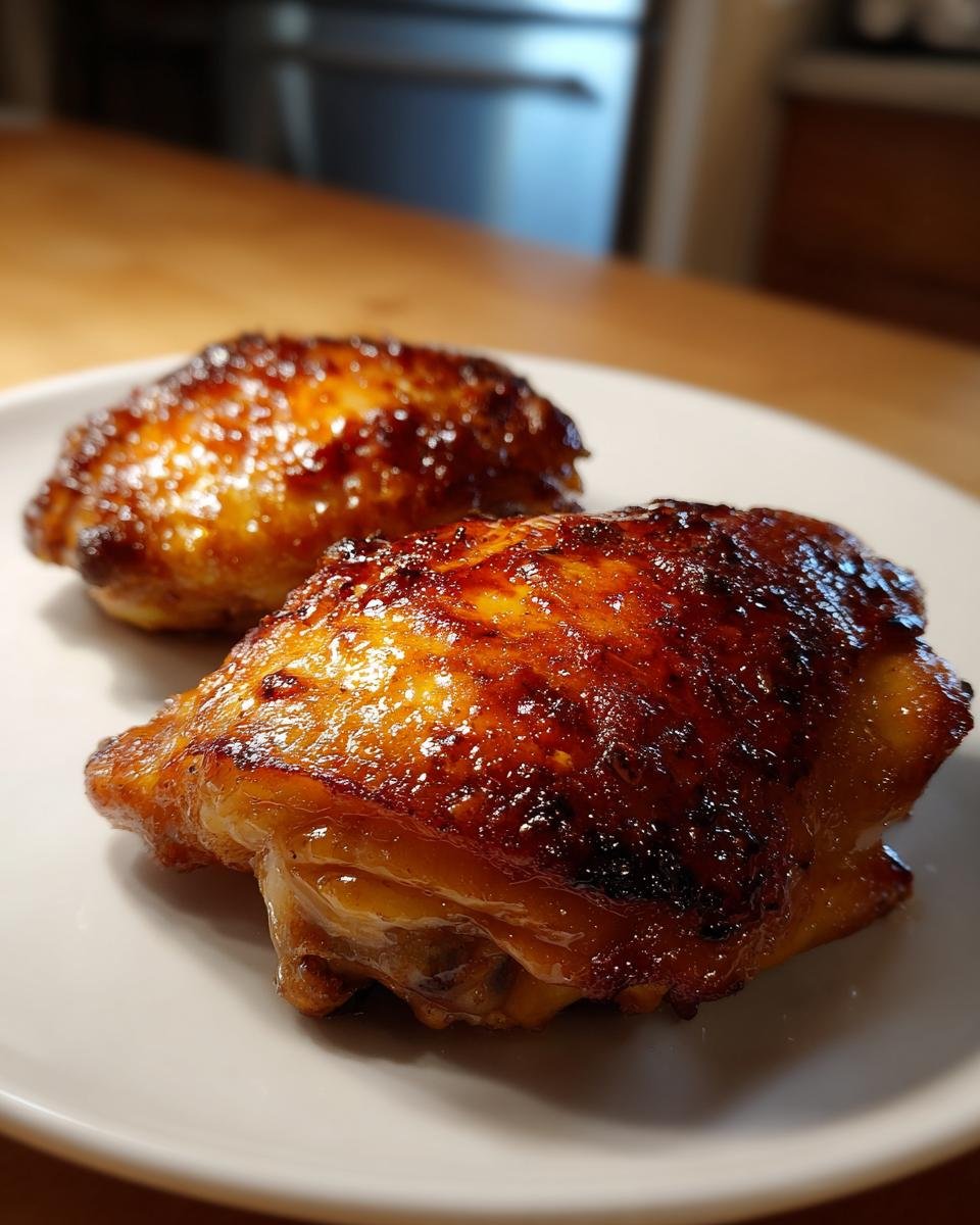 Two beautifully glazed and crispy air fryer chicken thighs resting on a white plate.