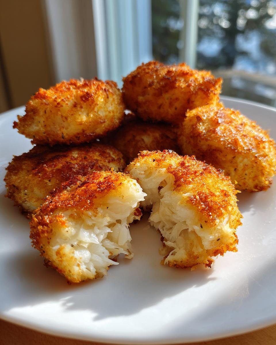 Close-up of golden brown, crispy Air Fryer Crab Cakes piled on a white plate, one broken open showing flaky white crab meat.