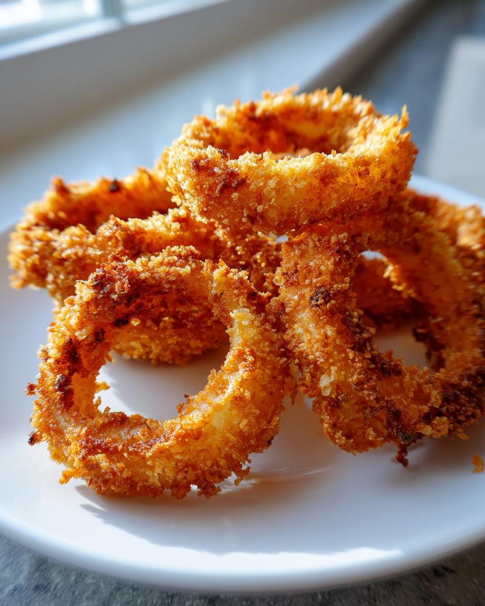 Close-up of several golden brown, crispy air fryer onion rings piled on a white plate.
