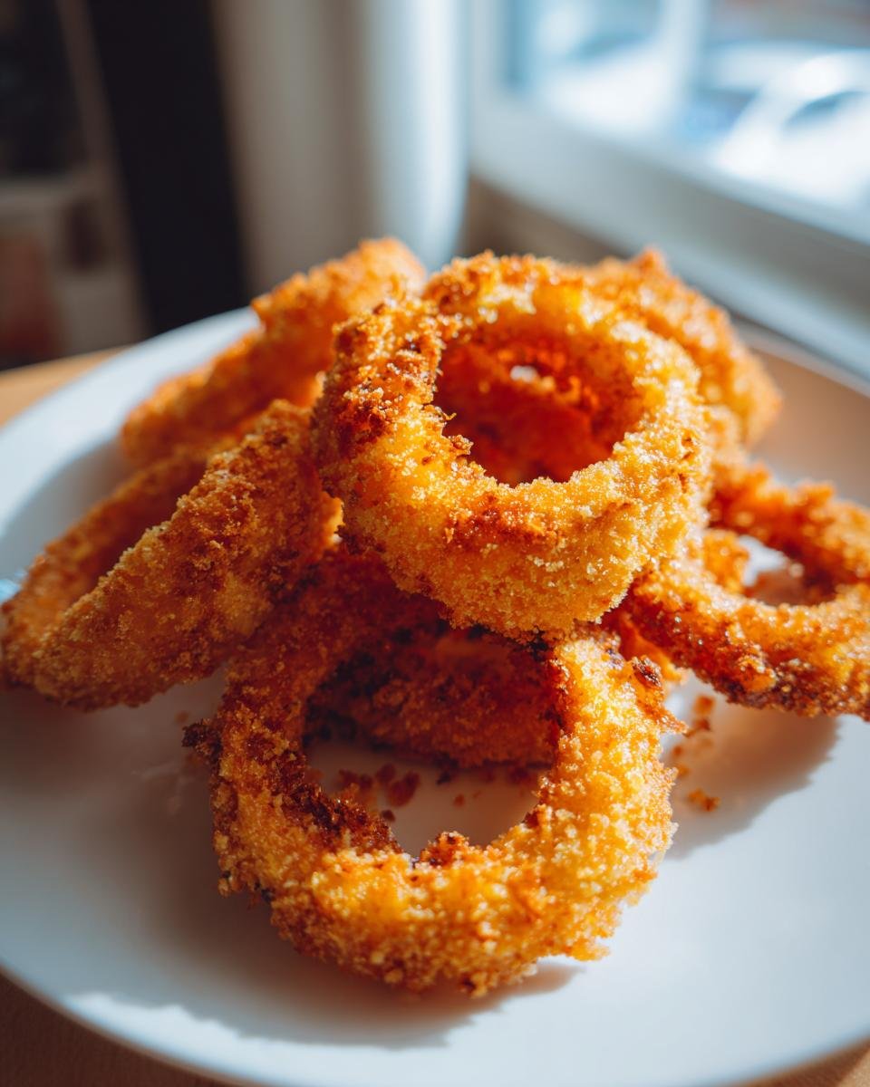 A pile of golden brown, crispy air fryer onion rings stacked on a white plate, highlighted by natural light.