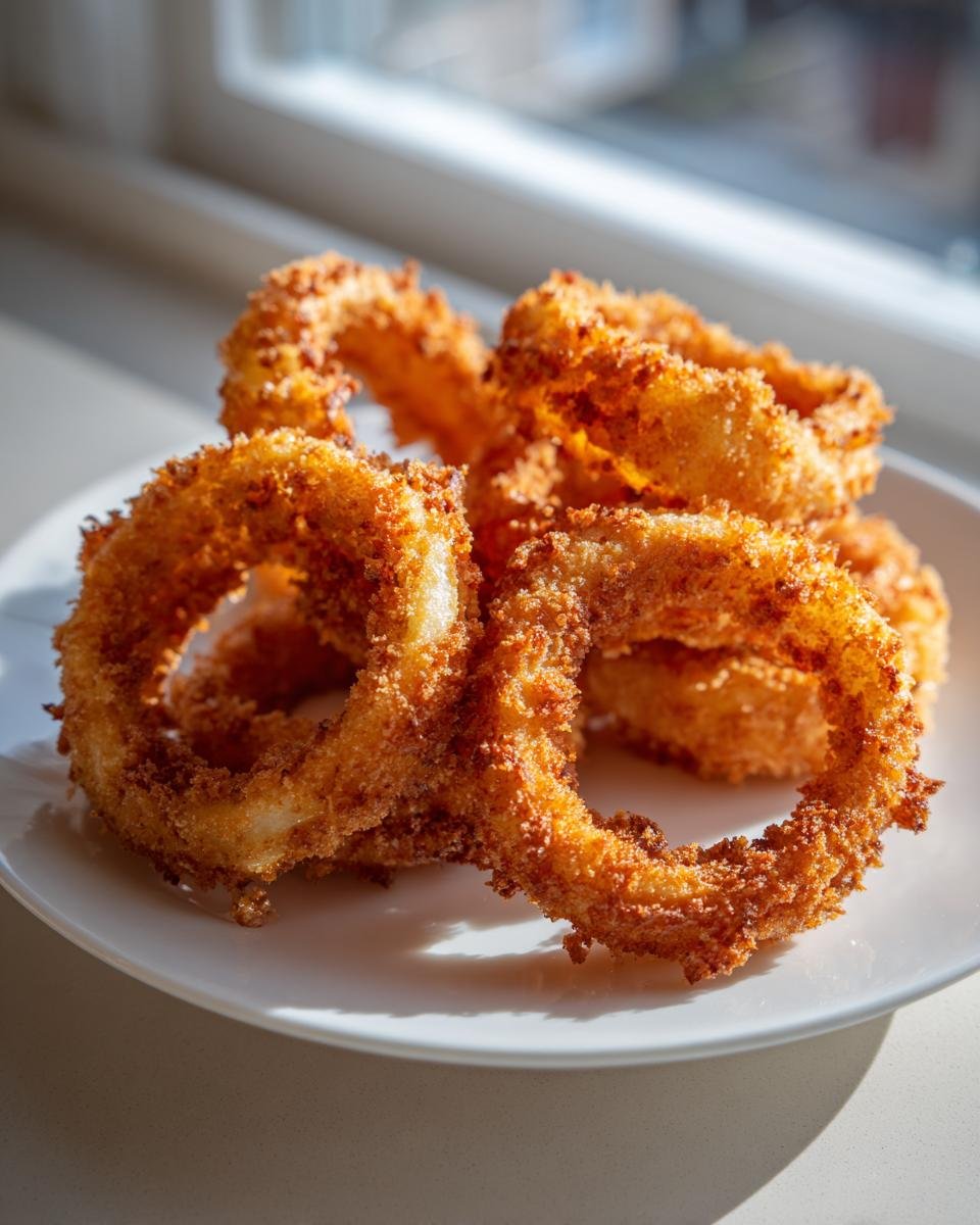 A close-up of several golden brown, crispy air fryer onion rings piled on a white plate near a window.