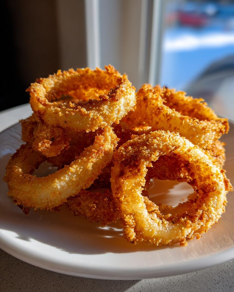 A close-up stack of golden brown, crispy air fryer onion rings resting on a white plate near a window.