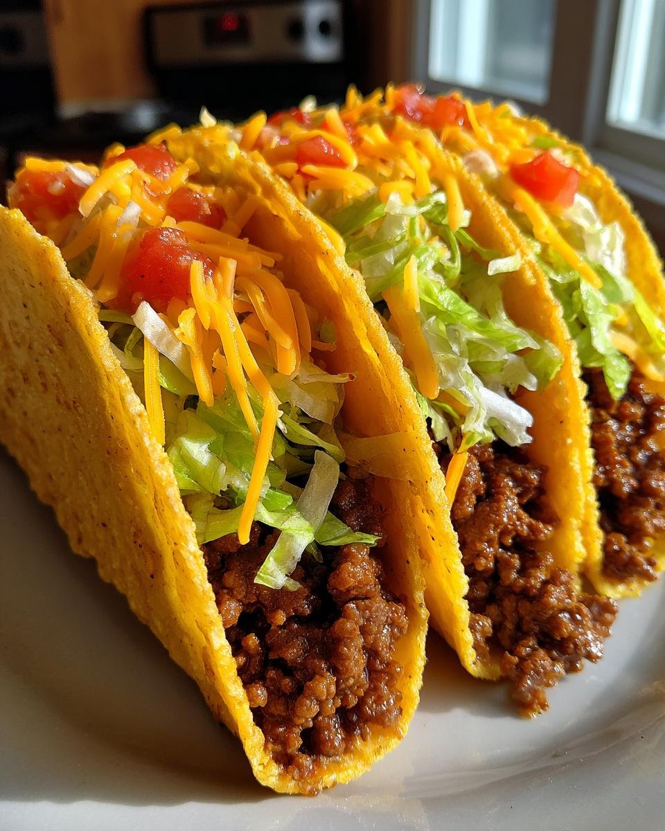 Close-up of three crispy, crunchy baked tacos filled with seasoned ground beef, lettuce, shredded cheese, and diced tomatoes.