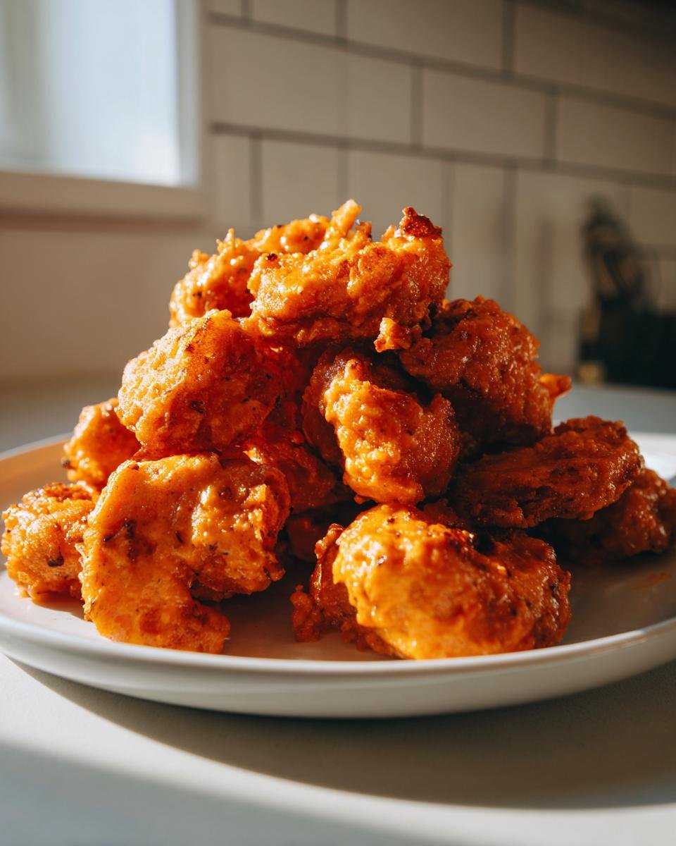 A close-up of a mound of crispy, orange-glazed Bang Bang Shrimp piled high on a white plate.