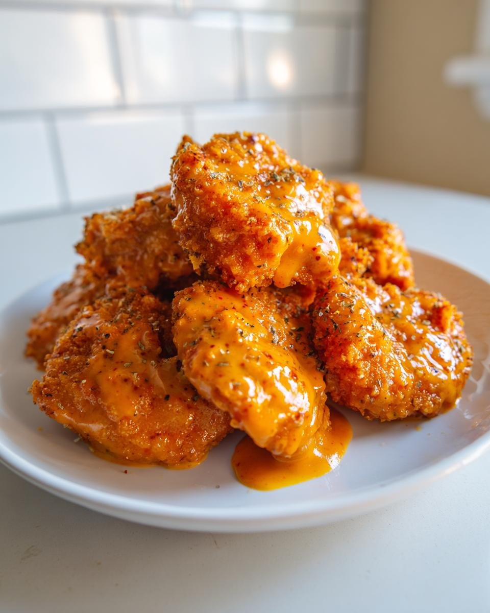 A pile of crispy, fried Bang Bang Shrimp coated in a creamy, orange sauce and sprinkled with herbs.