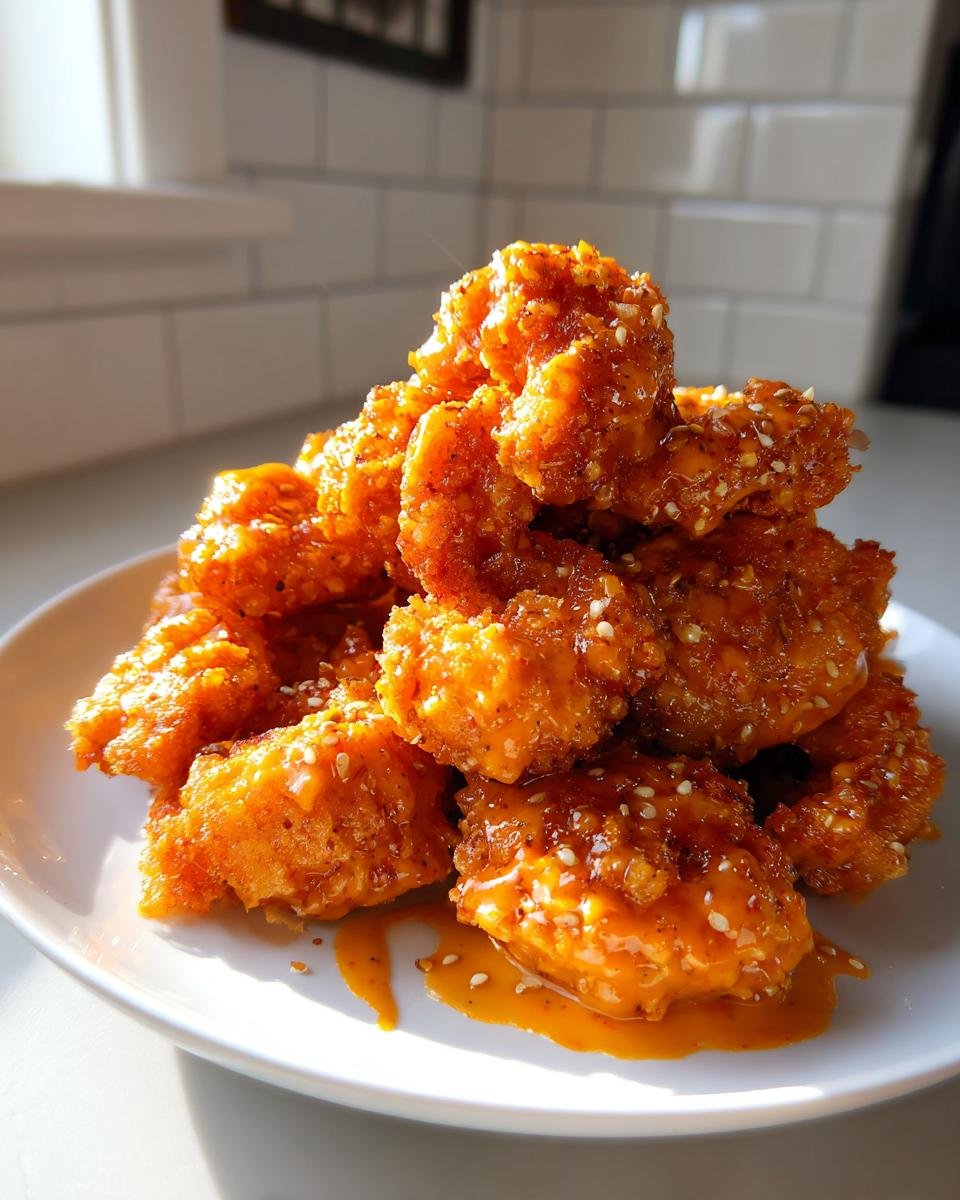 A tall stack of crispy, saucy Bang Bang Shrimp pieces garnished with sesame seeds on a white plate.