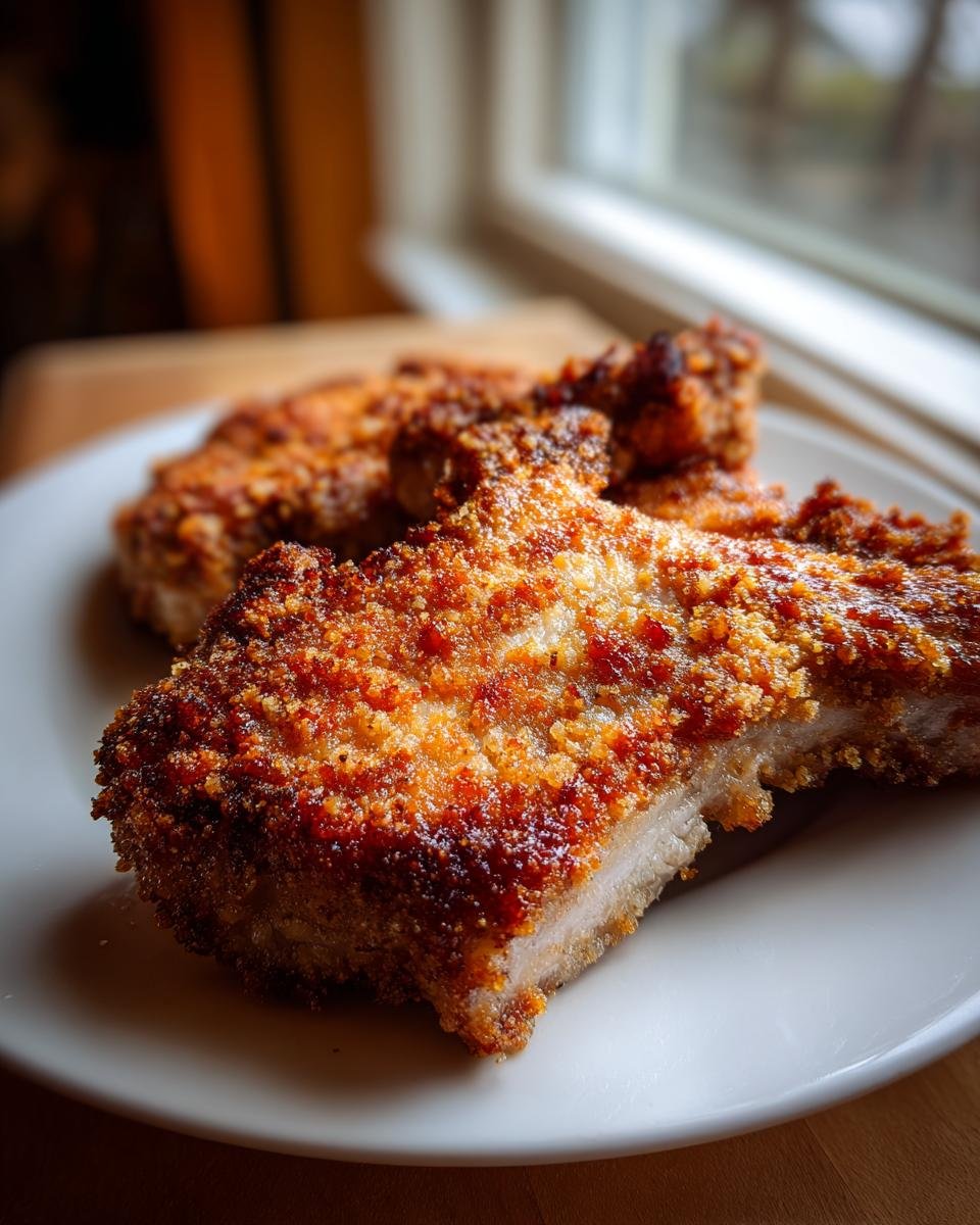 Close-up of a perfectly crispy, golden-brown Fried Pork Chop resting on a white plate near a window.