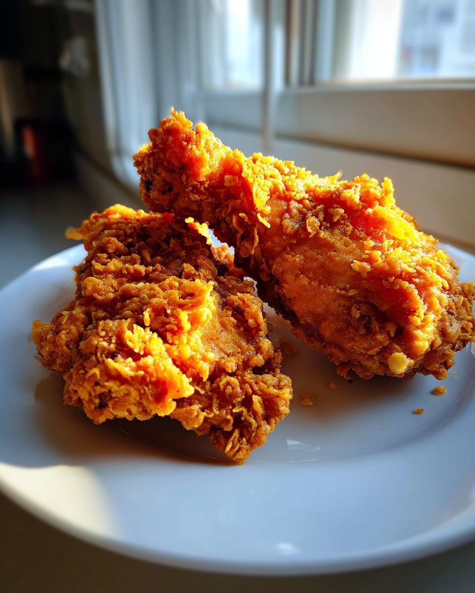 Two pieces of crispy, golden brown Fried Pork Chops resting on a white plate, backlit by sunlight.