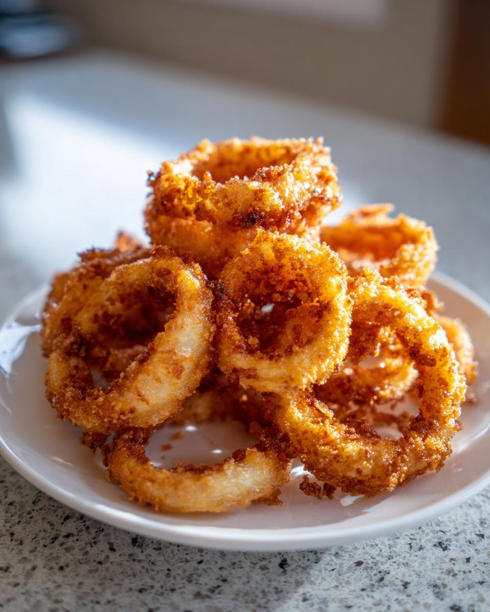 A pile of freshly fried, golden-brown Onion Rings with a crispy coating served on a small white plate.