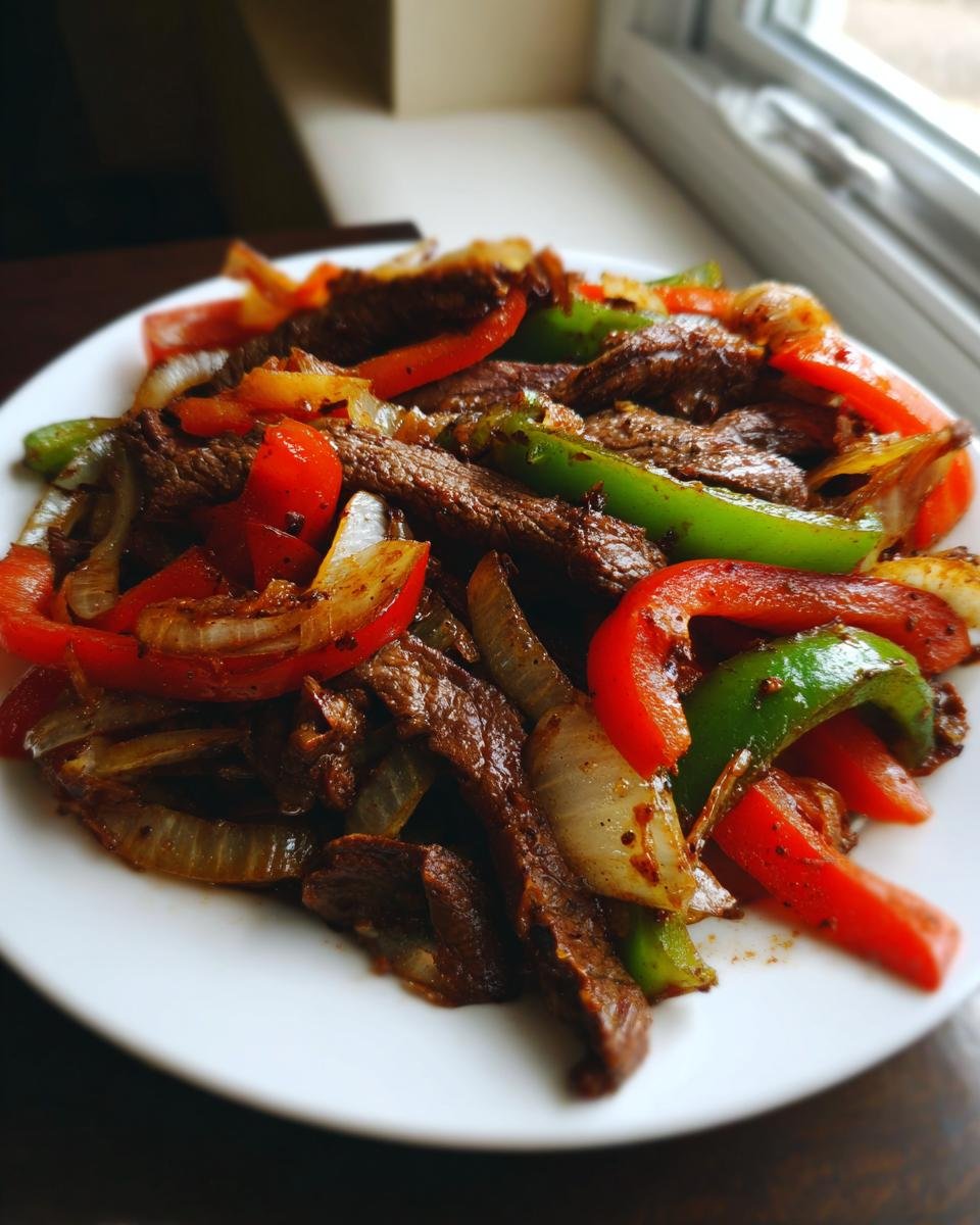 A white plate piled high with tender Crock Pot Beef Fajitas strips, mixed with saut&eacute;ed red and green bell peppers and onions.