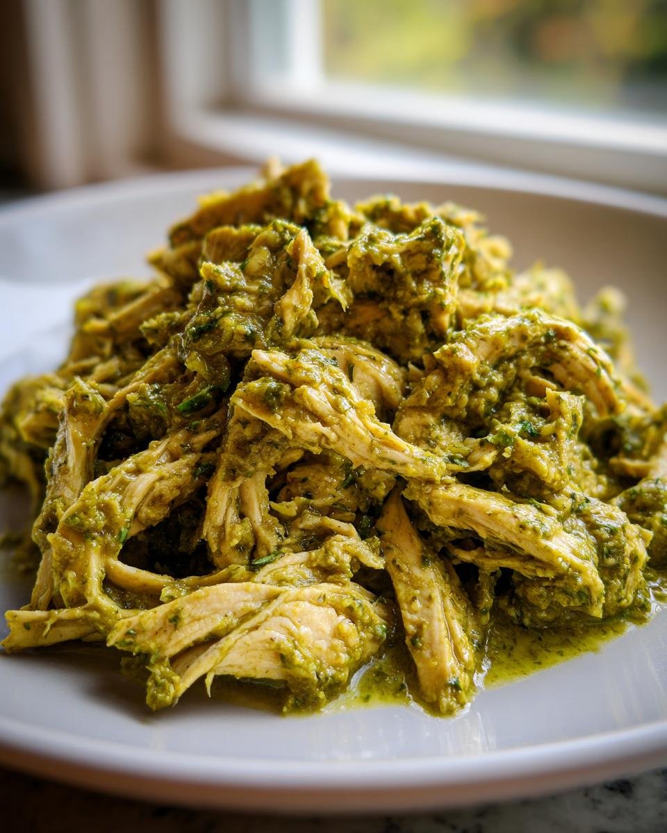 Close-up of shredded chicken coated in vibrant green salsa verde, ready to serve from our Crock Pot Salsa Verde Chicken recipe.