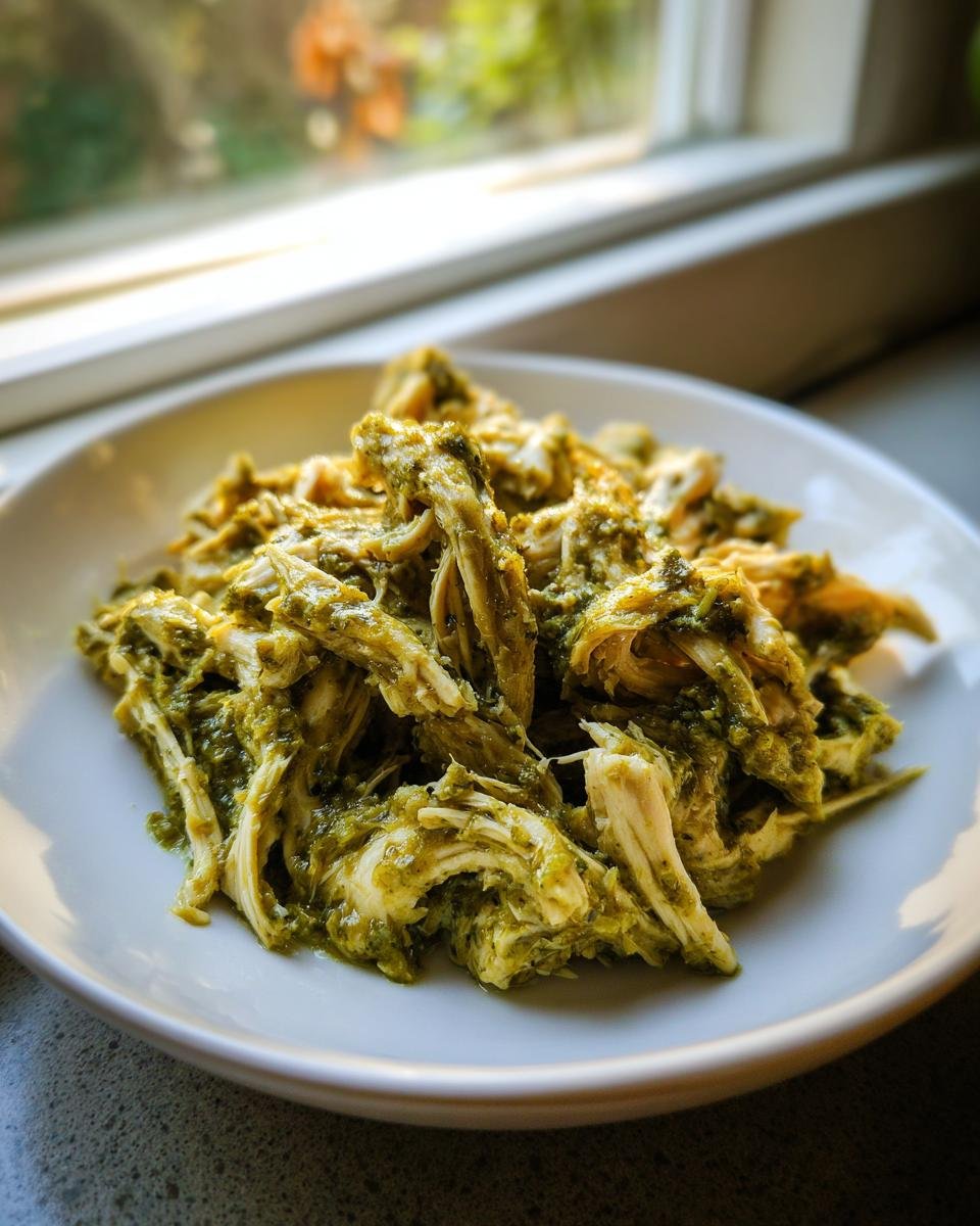 Shredded chicken coated in vibrant green salsa verde sauce served on a white plate.