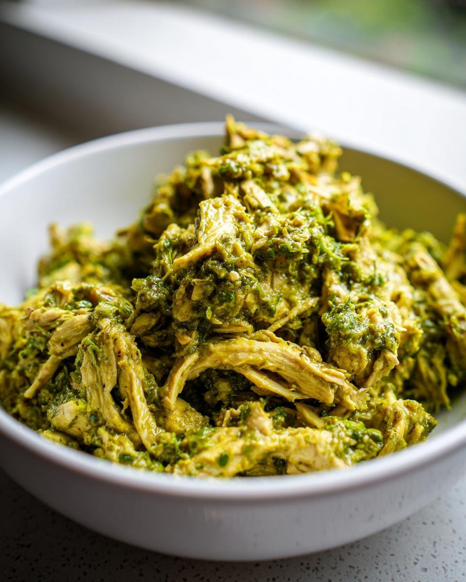 Close-up of shredded chicken coated in vibrant green salsa verde, ready to serve in a white bowl.