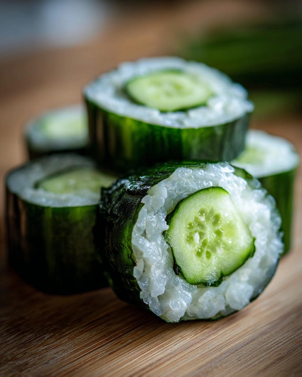 Close-up of several fresh Cucumber Sushi Rolls featuring white rice and a center slice of bright green cucumber.