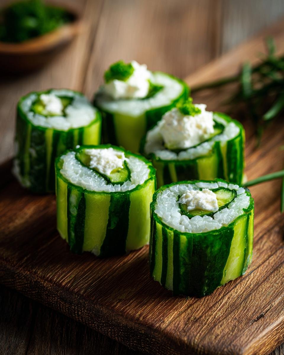 Five pieces of fresh Cucumber Sushi Rolls featuring rice, cucumber, and cream cheese topping on a dark wooden board.