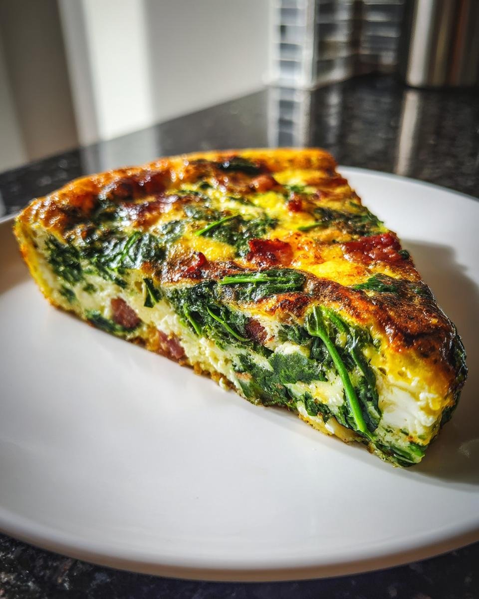 A perfectly cooked slice of Easy Bacon Spinach Frittata showing vibrant green spinach and bacon pieces in a golden egg base.
