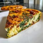 A close-up slice of Easy Bacon Spinach Frittata showing rich green spinach and crispy bacon bits in the egg base.