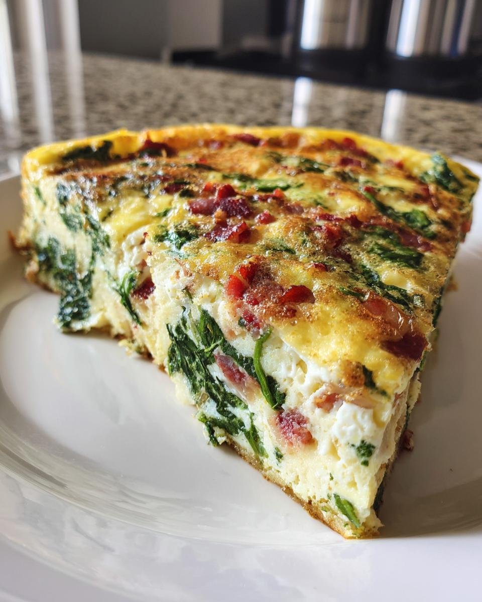 A thick, golden slice of Easy Bacon Spinach Frittata showing layers of egg, green spinach, and bacon pieces.