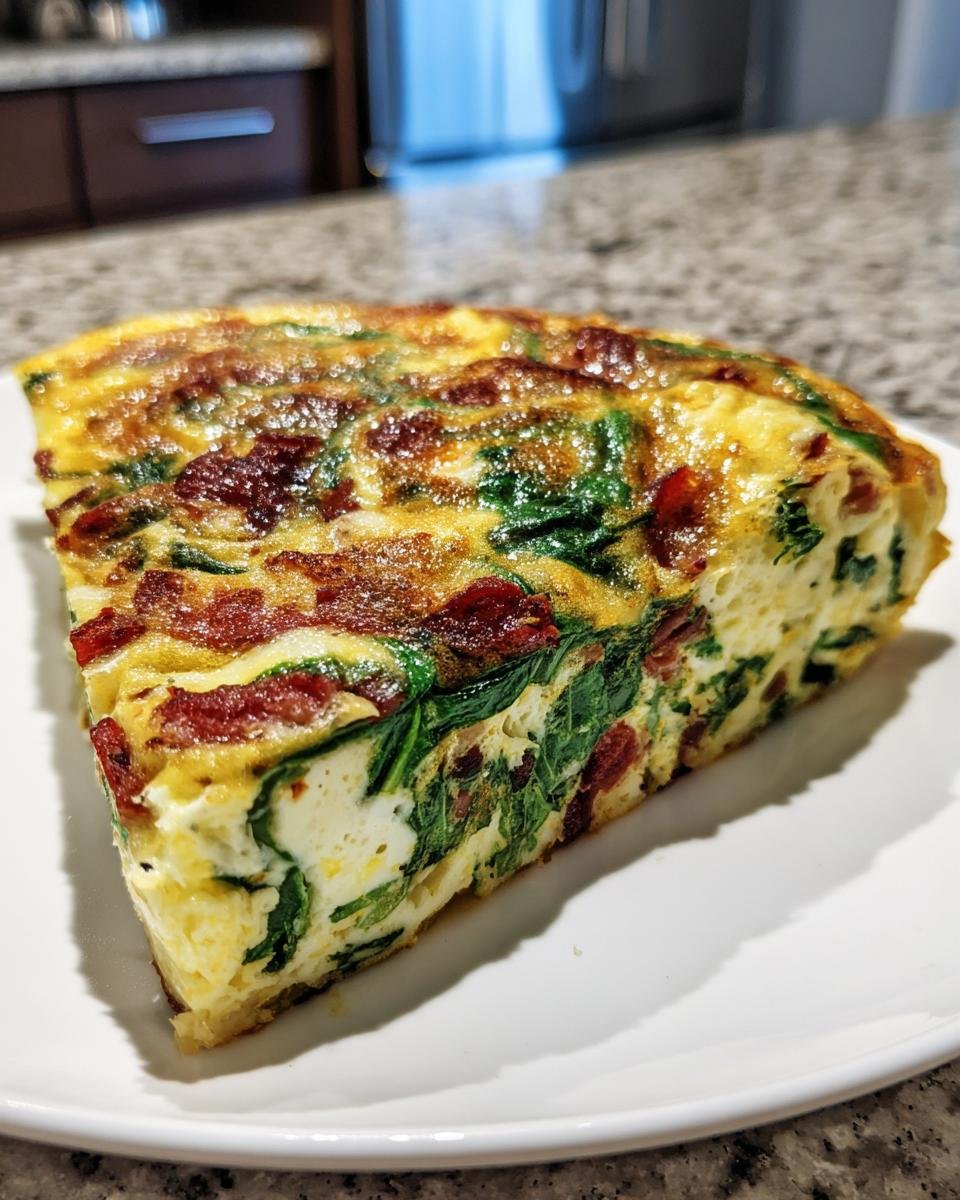 A thick, golden-brown slice of Easy Bacon Spinach Frittata showing visible bacon pieces and bright green spinach.
