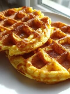 Two perfectly cooked, golden brown Easy Chaffles stacked slightly on a white plate near a window.