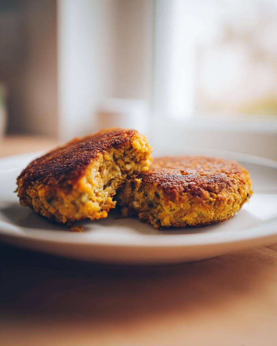 Two golden brown Easy Chickpea Patties on a white plate, one broken in half showing the texture inside.