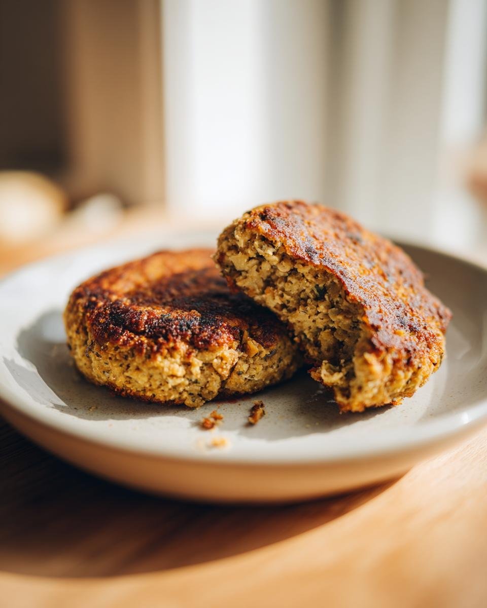 Two golden brown Easy Chickpea Patties on a plate, one cut in half showing the textured interior.