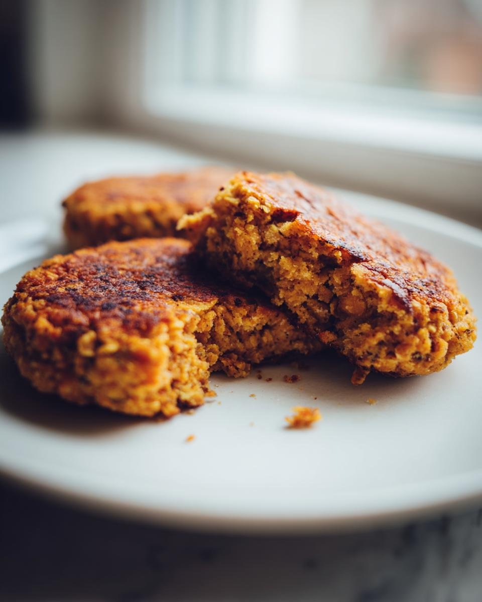 Close-up of Easy Chickpea Patties, one broken open showing the textured interior and crispy brown exterior.
