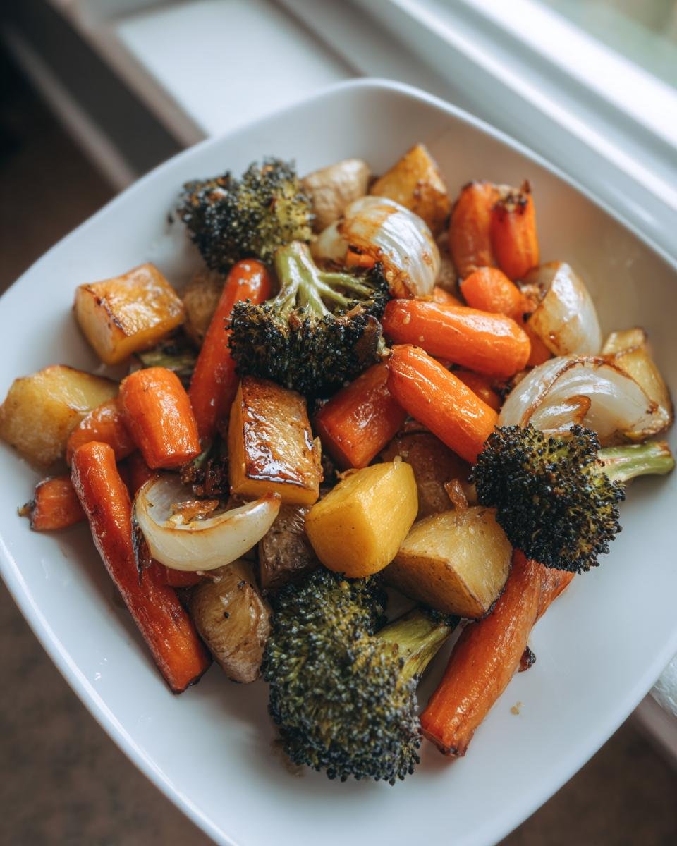 A white bowl filled with colorful Easy Oven Roasted Vegetables including carrots, broccoli, potatoes, and onions.
