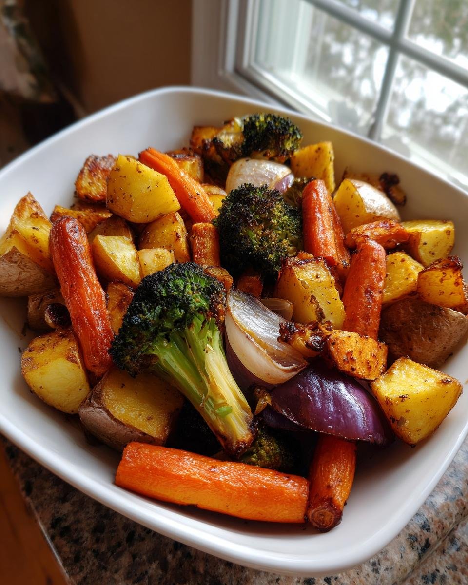 A white bowl filled with caramelized Easy Oven Roasted Vegetables including potatoes, carrots, broccoli, and red onion.