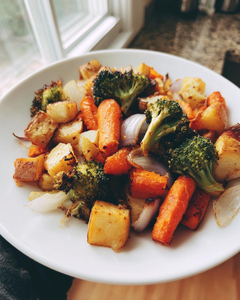A white plate filled with Easy Oven Roasted Vegetables including golden potatoes, bright orange carrots, broccoli florets, and white onion wedges.