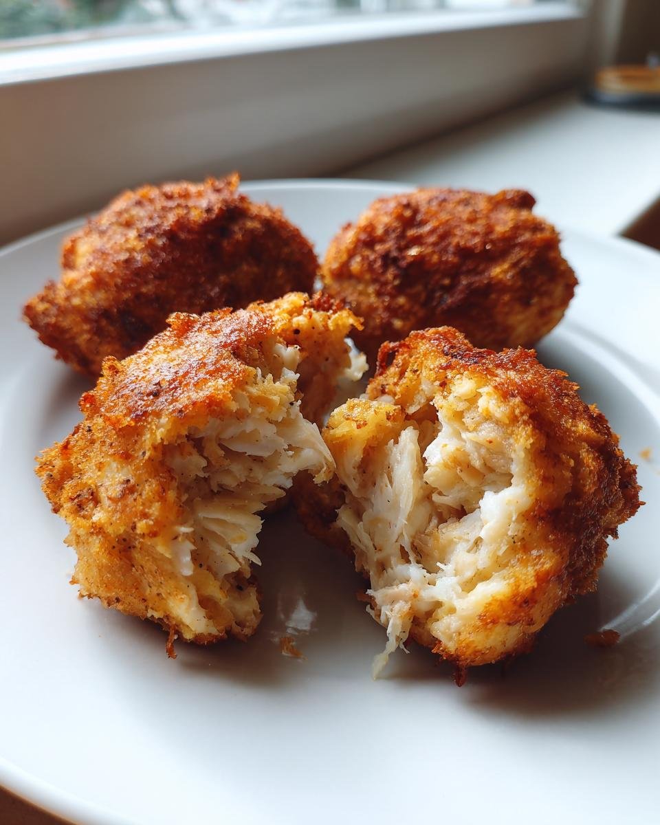 Close-up of golden brown Air Fryer Crab Cakes, one split open showing flaky white crab meat inside.