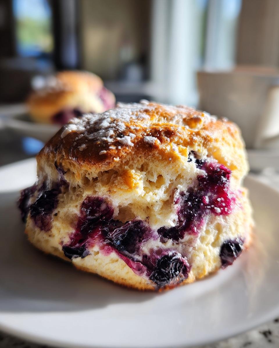 A close-up, sunlit image of a freshly baked Blueberry Scones, dusted with powdered sugar, sitting on a white plate.
