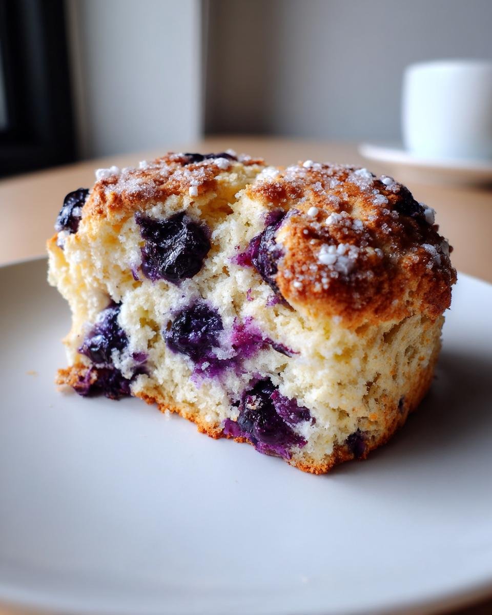 A close-up of a freshly baked, fluffy Blueberry Scones slice showing juicy berries and a coarse sugar topping.